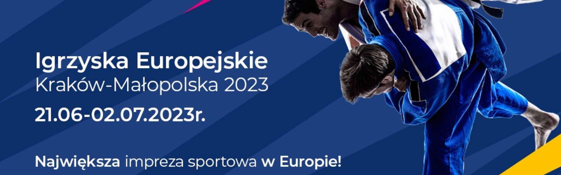 Graphics showing the European Games in Krakow. In the graphic you can see 2 men in kimonos fighting each other.