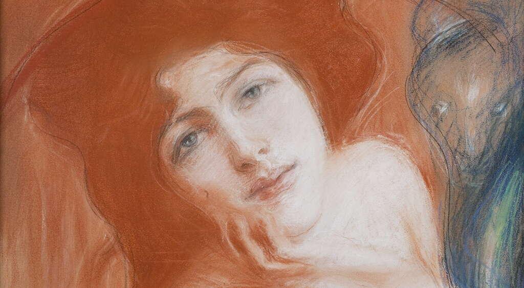 Portret kobiety, z dużymi niebieskimi oczami, i rudymi włosami.