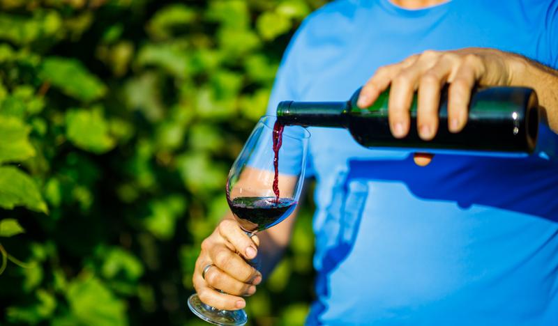Man pouring wine into a glass against a background of a vine