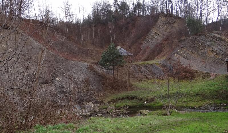 Zdjęcie ukazuje nieczynny już kamieniołom w miejscowości Żegocina o kształcie zbliżonym do niewielkiego amfiteatru.