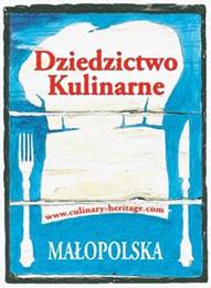 logo Dziedzictwo Kulinarne Małopolski, nóż, widelec, czapka kucharska, niebieskie tło