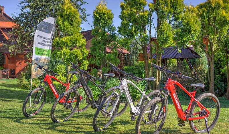 Cztery rowery ustawione w rzędzie w ogrodzie, w tle baner reklamowy wypożyczalni