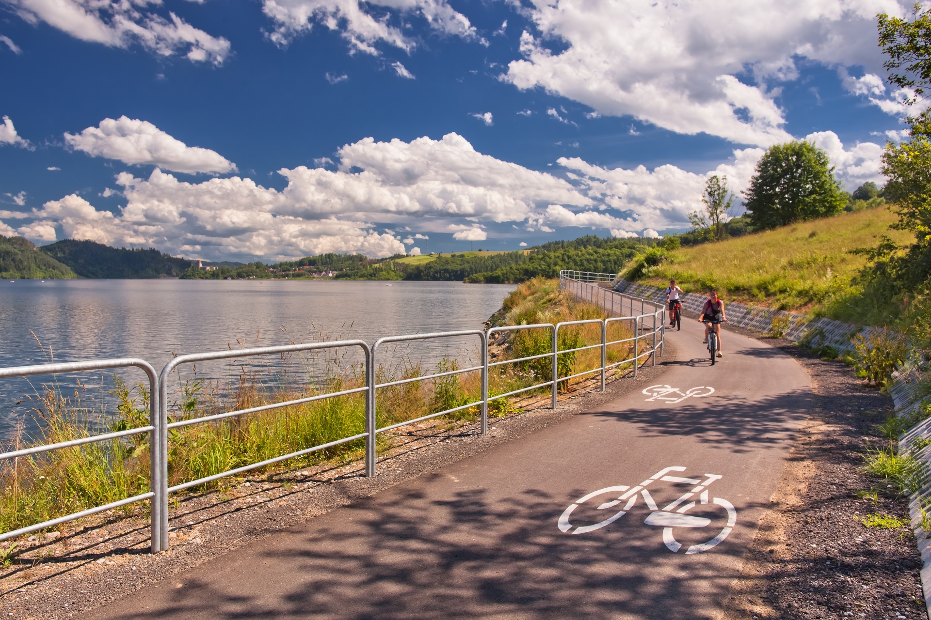 ścieżka rowerowa poprowadzona wzdłuż jeziora 